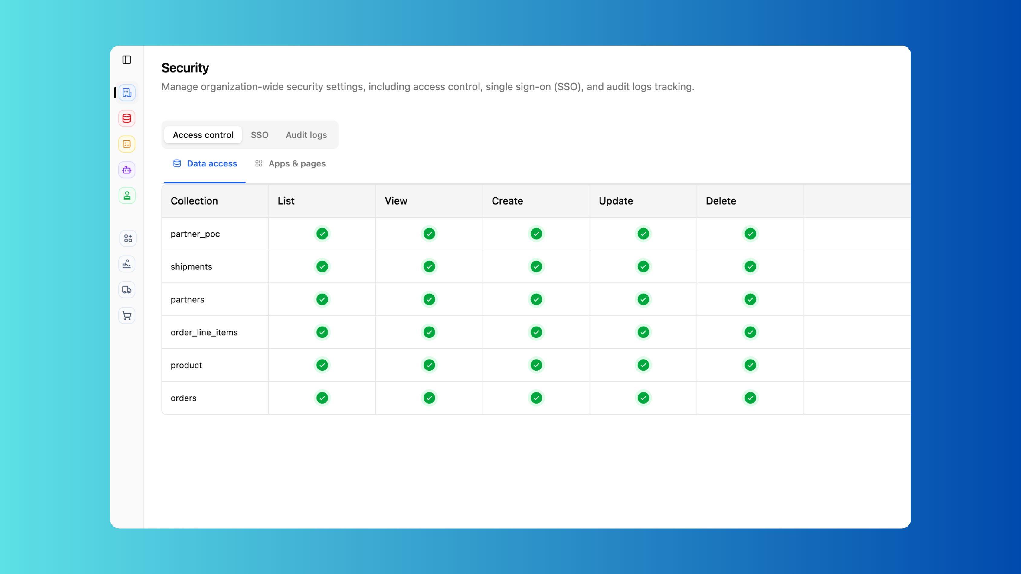 Access control screen showing collection permissions and security settings