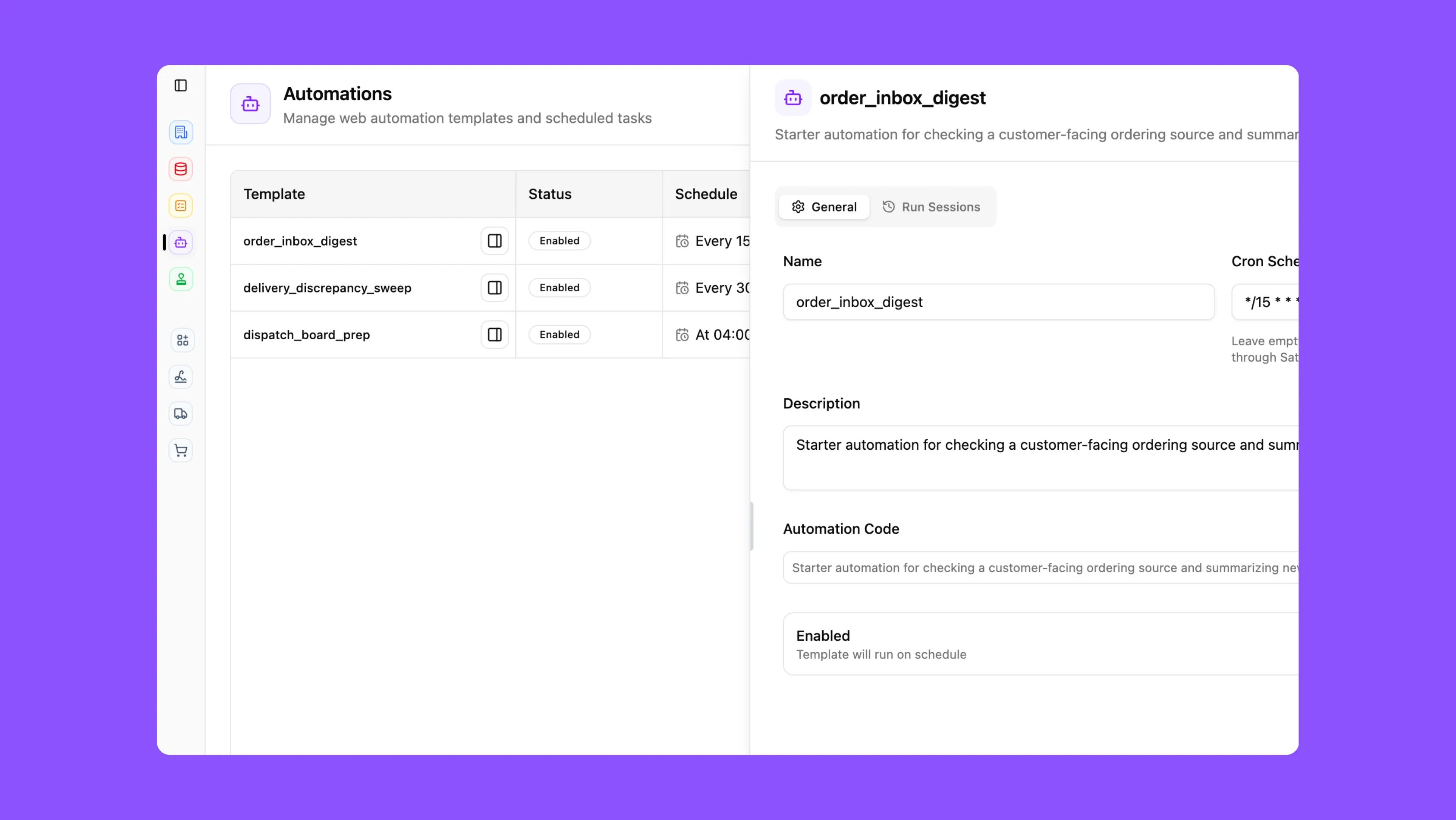 Automations dashboard showing templates, schedules, and run settings